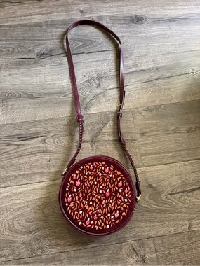 Fable England Magical Mushroom Embroidered Burgundy Velvet Circle Bag